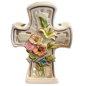 Ceramic Ivory Gold Trim Floral Bouquet Cross Tea-light Candle Holder 9" Tall